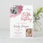 Rosa Glitzer 2 Foto Überraschung 80. Geburtstag Einladung (Stehend Vorderseite)