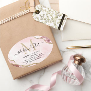 Rosa Glitzer Agate Monogram Business Ovaler Aufkleber