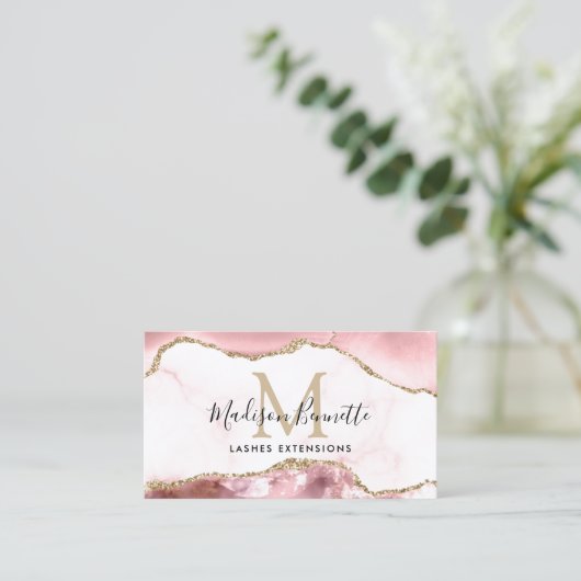 Rosa Glitzer Agate Monogram QR Code Visitenkarte (Stehend Vorderseite)