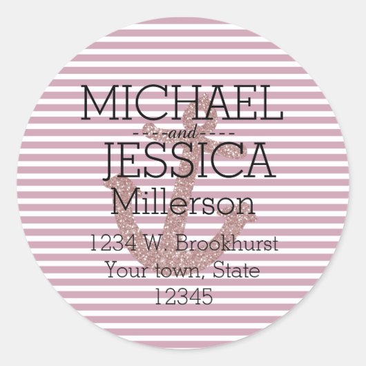 Rosa Glitzer Ankerfarben Streifen Personalisierte Runder Aufkleber (Vorderseite)