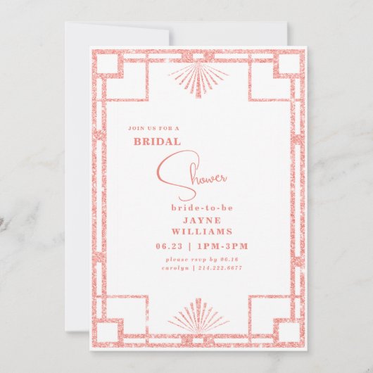 Rosa Glitzer Art Deco Briidal Dusche Einladung (Vorderseite)
