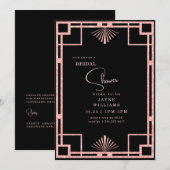 Rosa Glitzer Art Deco Rahmen Schwarzes Brautparty Einladung (Vorne/Hinten)