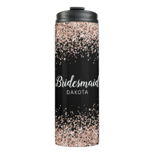 Rosa Glitzer auf Black Bridesmaid Name Thermosbecher