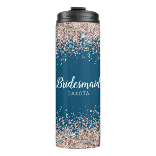 Rosa Glitzer auf Blue Bridesmaid Name Thermosbecher