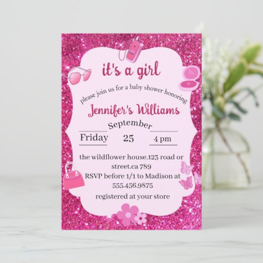 Rosa Glitzer Babydusche Einladung (Stehend Vorderseite)