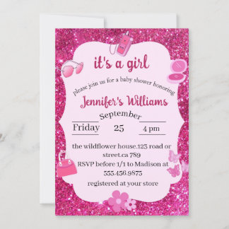 Rosa Glitzer Babydusche Einladung