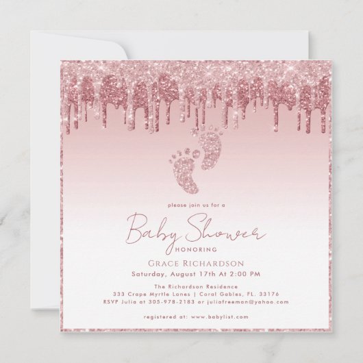 Rosa Glitzer Babydusche Einladung mit Babynahrung (Vorderseite)