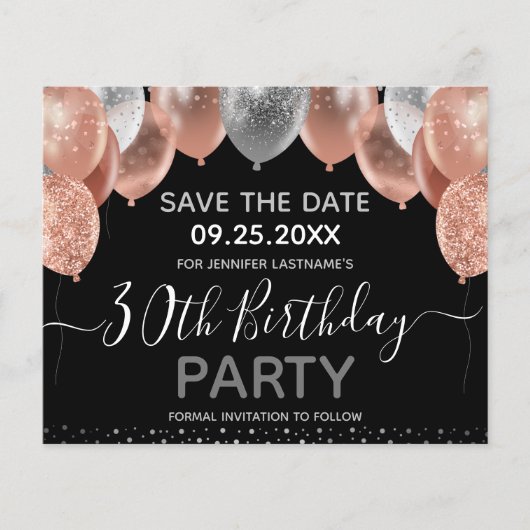 Rosa Glitzer Balloons 30. Geburtstag Save the Date (Vorderseite)