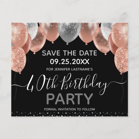 Rosa Glitzer Balloons 40. Geburtstag Save the Date (Vorderseite)