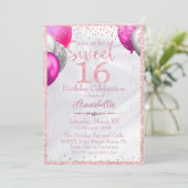 Rosa Glitzer Balloons auf Satin Sweet 16 Geburtsta Einladung (Stehend Vorderseite)