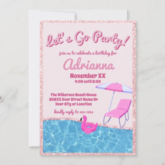 Rosa Glitzer Beach Party Einladung (Vorderseite)