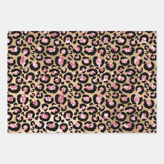 Rosa Glitzer Black Cheetah Leopard Geschenkpapier Set (Vorderseite 2)