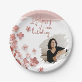 Rosa Glitzer Blume Blumenstrauß Foto 50. Geburtsta Pappteller