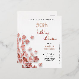 Rosa Glitzer Blume Floral 50. Geburtstag Folie Einladungspostkarte