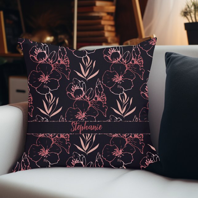 Rosa Glitzer-Blume und Blätter Monogramm Kissen (Von Creator hochgeladen)