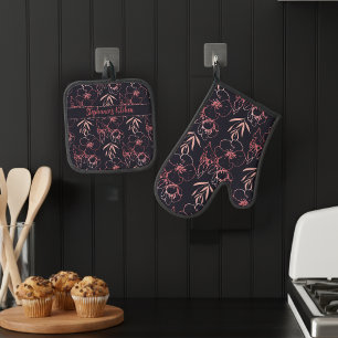 Rosa Glitzer-Blume und Blätter Monogramm Ofenhandschuh & Topflappen-Set