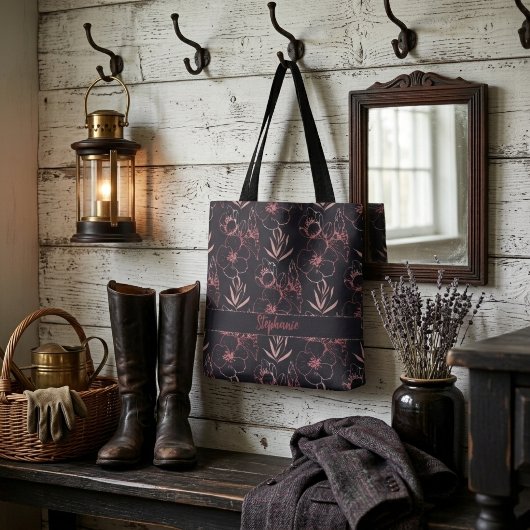 Rosa Glitzer-Blume und Blätter Monogramm Tasche