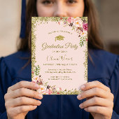 Rosa Glitzer Blumen Foto Abschluss Einladung