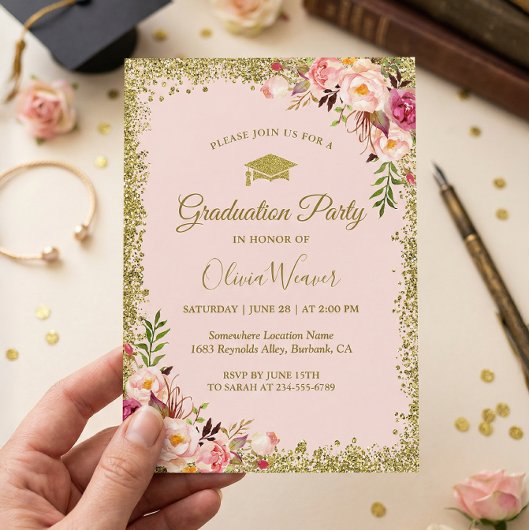 Rosa Glitzer Blumen Foto Abschluss Einladung