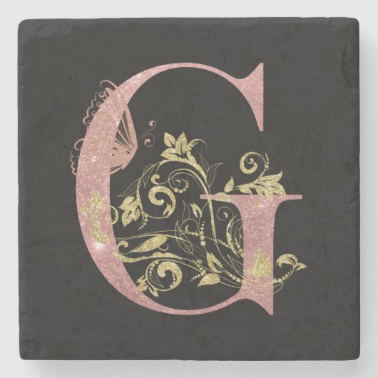 Rosa Glitzer Blumenbrief G Steinuntersetzer (Vorderseite)