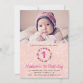 Rosa Glitzer Blumenreath Erster Geburtstag Einladu Einladung (Vorderseite)