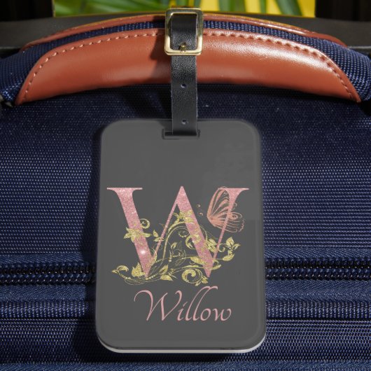 Rosa Glitzer Blumenschreiben W Gepäckanhänger (Vorderseite Insitu 2)
