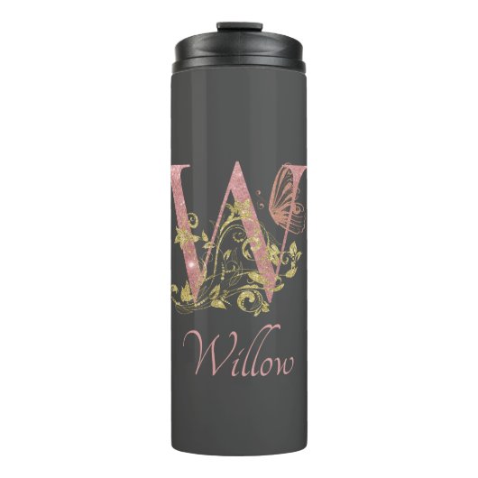 Rosa Glitzer Blumenschreiben W Thermosbecher (Vorderseite)