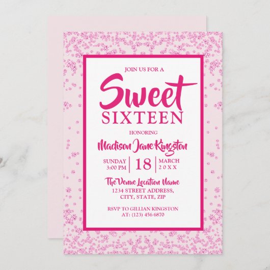 Rosa Glitzer Border Girly Sweet 16 Party Einladung (Vorne/Hinten)