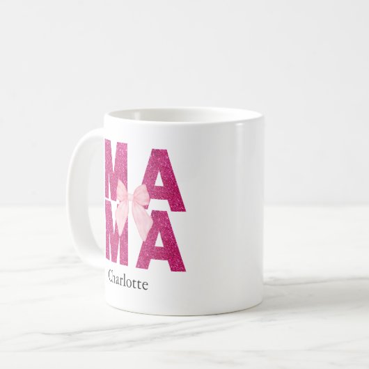 Rosa Glitzer Bow MAMA Coquette Ästhetische Mutter Kaffeetasse (Vorderseite Links)