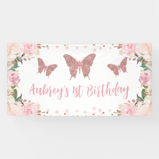 Rosa Glitzer Butterfly Geburtstagsbanner Banner (Horizontal)