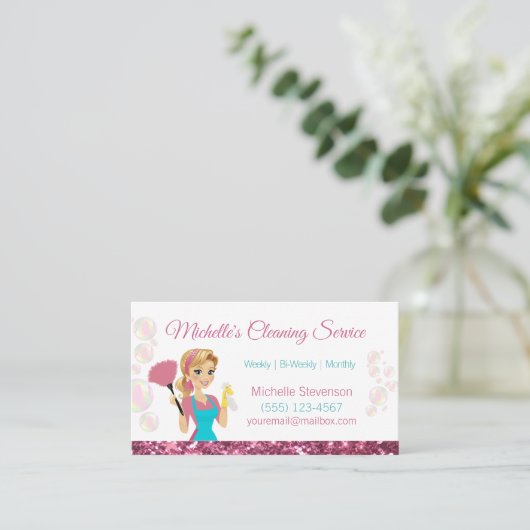 Rosa Glitzer Cartoon Haushaltshilfe Reinigungsserv Visitenkarte (Stehend Vorderseite)