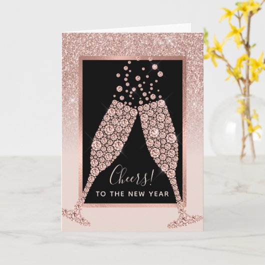 Rosa Glitzer Champagner Toast Neujahr Karte (Gelbe Blume)