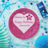 Rosa Glitzer Cheers to 21 Heart Happy Birthday Pappteller (Party)