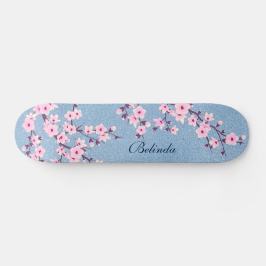 Rosa Glitzer Cherry Blossom Monogram Girl Skateboard (Horizontal)