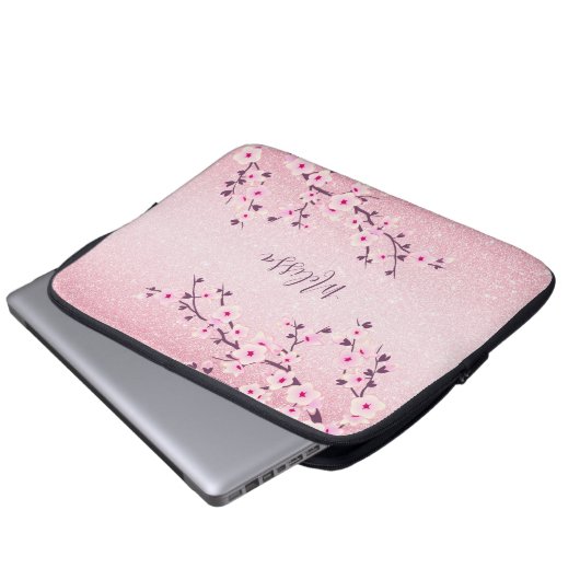 Rosa Glitzer Cherry Blossom Monogramm Laptopschutzhülle (Vorne Knopf)