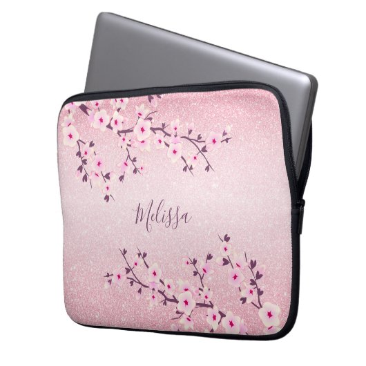 Rosa Glitzer Cherry Blossom Monogramm Laptopschutzhülle (Vorderseite Links)