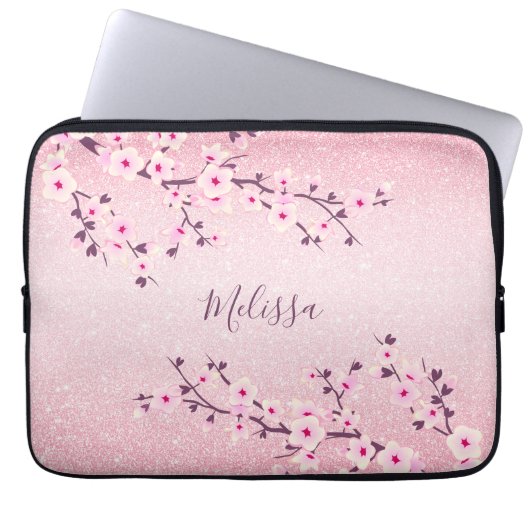 Rosa Glitzer Cherry Blossom Monogramm Laptopschutzhülle (Vorderseite)