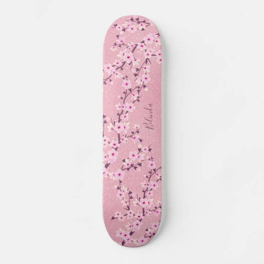Rosa Glitzer Cherry Blossom Monogramm Skateboard (Vorderseite)