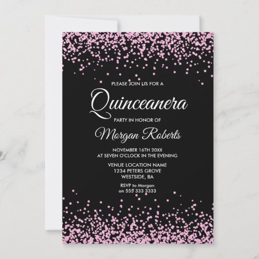 Rosa Glitzer Confetti Black Quinceanera Einladung (Vorderseite)