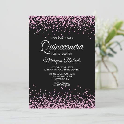 Rosa Glitzer Confetti Black Quinceanera Einladung (Stehend Vorderseite)