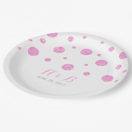 Rosa Glitzer Confetti Hochzeitspapier-Teller Pappteller (Schrägansicht)