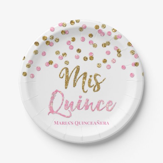 Rosa Glitzer Confetti Mis 15 Quinceanera Pappteller (Vorderseite)