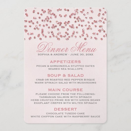 Rosa Glitzer Confetti Wedding Menu Menükarte (Vorderseite)