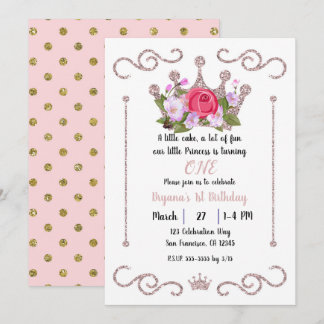 Rosa Glitzer Crown Floral ONE 1. Geburtstag Party Einladung