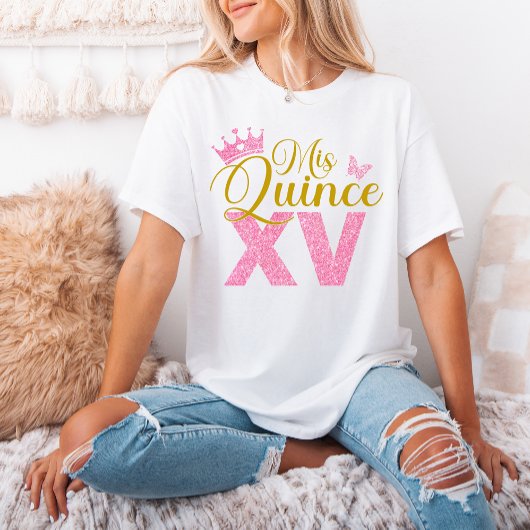 Rosa Glitzer Crown Mis Quince XV Quinceanera Party T-Shirt