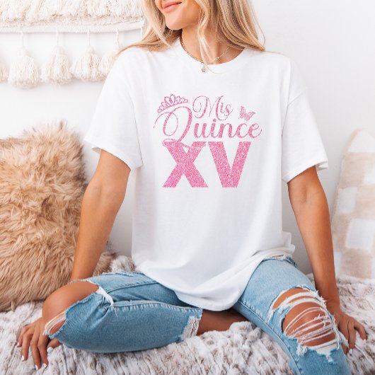 Rosa Glitzer Crown Mis Quince XV Quinceanera Party T-Shirt