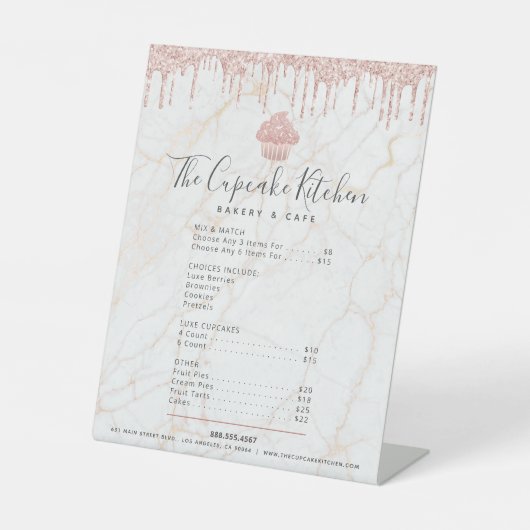 Rosa Glitzer Cupcake Marmorbäckerei Menü Preislist Sockelschild (Vorderseite)