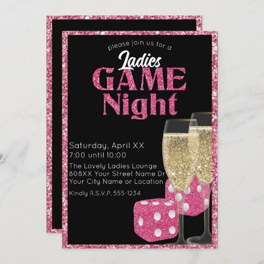 Rosa Glitzer Dice Ladys Game Night Einladung (Vorne/Hinten)