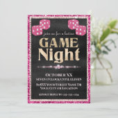 Rosa Glitzer Dice Ladys Game Night Gold Einladung (Stehend Vorderseite)
