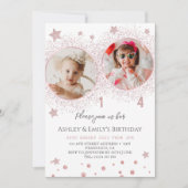 Rosa Glitzer Doppelgeburt Kinder Foto Einladung (Vorderseite)